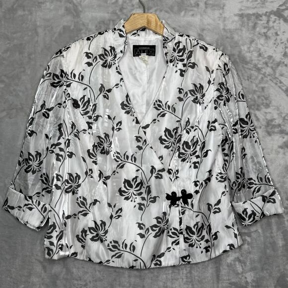 Alex Evenings Jacket Womens 2XL White Black Floral Frog Closure 3/4 Sleeve Wrap - Picture 1 of 10